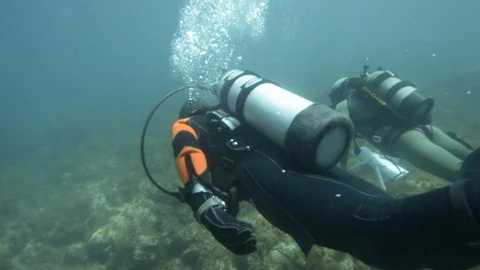 Three scuba diver swimming underwater Stock Footage 99076653