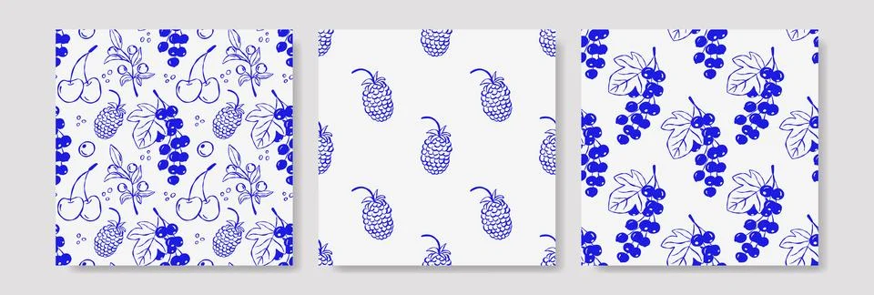 Three seamless patterns with stylized blue grape clusters on white background Stock Illustration