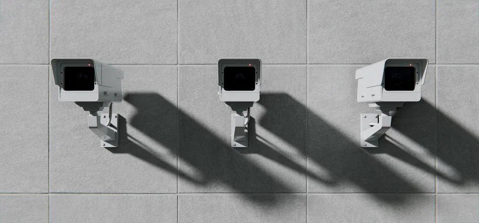 Three security cameras, surveillance mounted on wall, total control background Stock Illustration