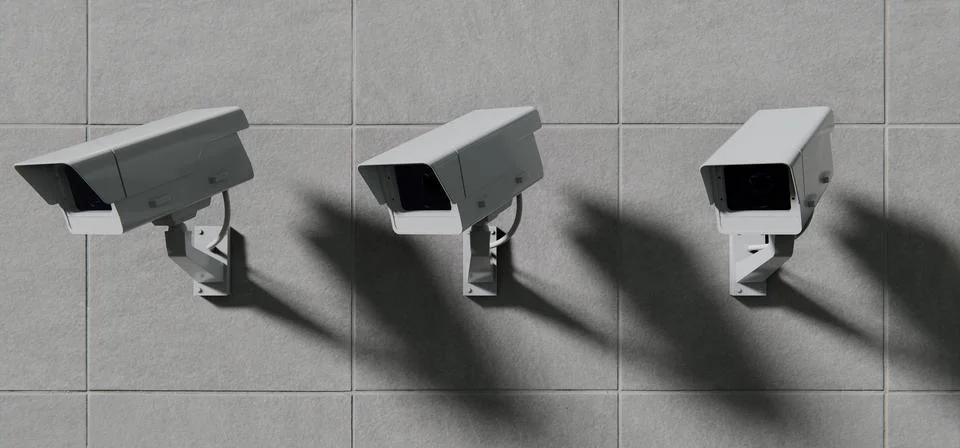 Three security cameras, surveillance mounted on wall, total control background Illustrazione stock