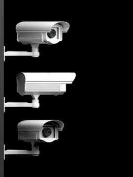 Three security surveillance cameras side view isolated on black background Stock Illustration