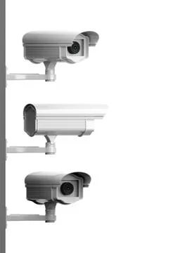 Three security surveillance cameras side view isolated on white background Stock Illustration