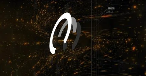 Three-segment arc logo fading in, emitting sparks while golden stream forming Stock Illustration