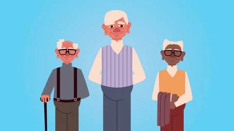 Three senior men standing together on a bright blue background motion footage Stock-Footage 339062368