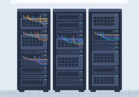 Three server racks flat design vector illustration with colorful network cables, Stock Illustration