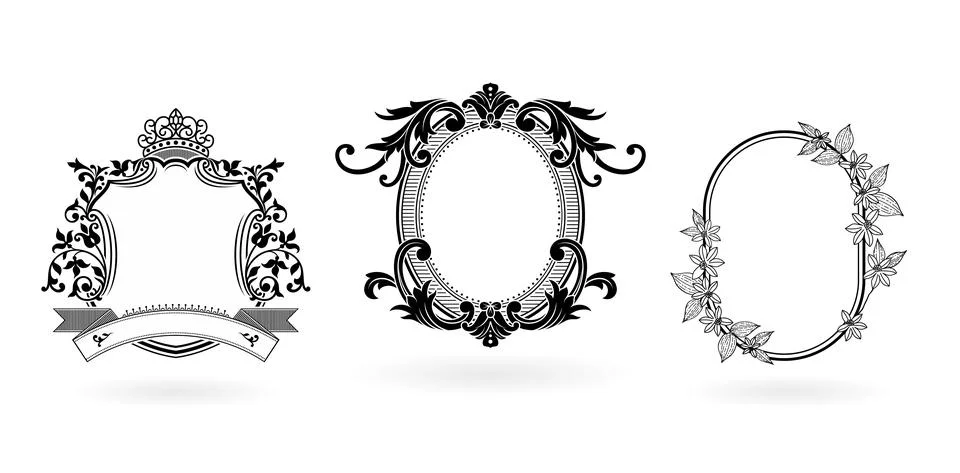 Three set of frame and border. Ellipse, shield and oval Stock Illustration