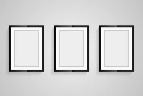 Three set of frame on white wall mock up design, three realistic frames vec.. Stock Illustration