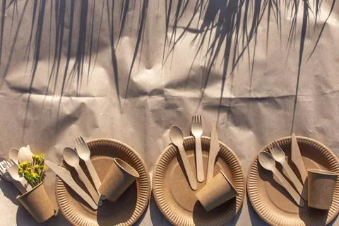 Three sets of disposable biodegradable tableware on craft paper in nature. Stock Photos