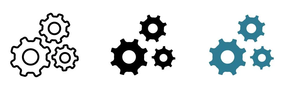 Three sets of interlocking gears in outline solid black and teal colors cog.. Stock Illustration