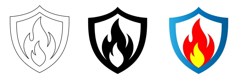 Three Shield Icons with Flame Symbol Fire Protection Set Stock Illustration