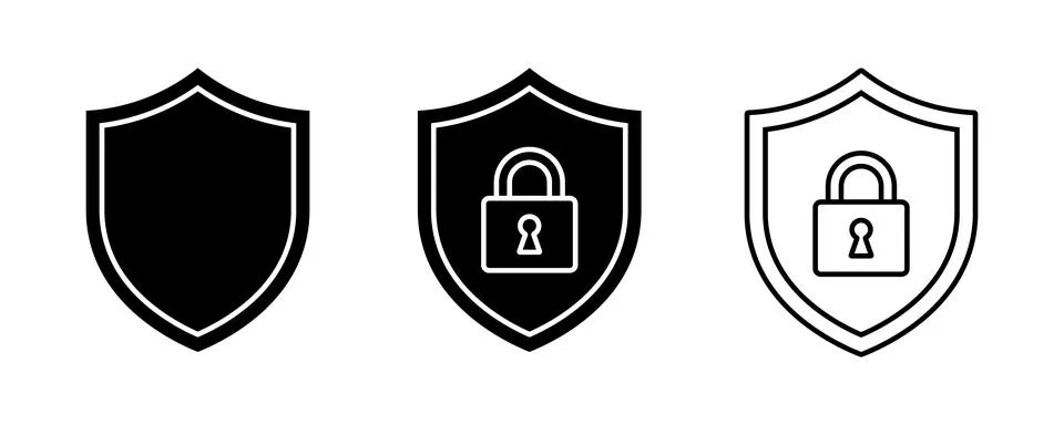 Three shield icons one solid black one with black padlock one outline padlo.. Stock Illustration
