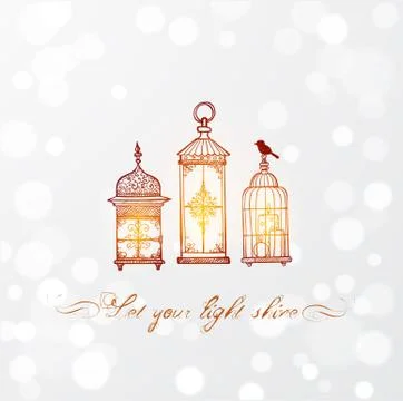 Three shining vintage rustic lanterns in doodle style on white glowing backgr Ilustración de archivo