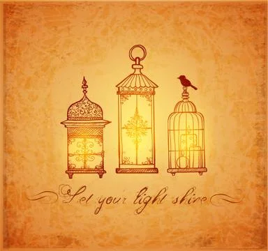 Three shining vintage rustic lanterns in doodle style on old paper background Stock Illustration