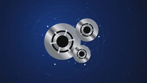 Three shiny metallic gears and cogs floating on a dark blue background with.. Stockbeeldmateriaal 341180309