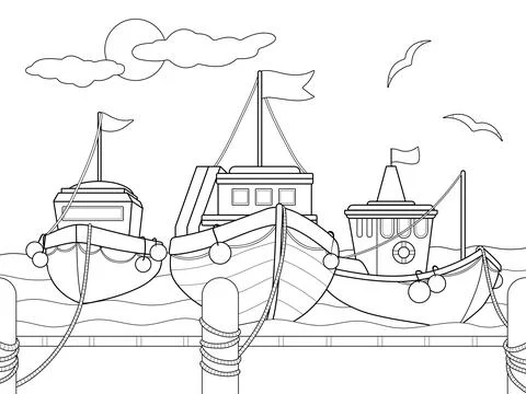 Three ships at the pier. Boat dock. Children coloring book. Stock Illustration
