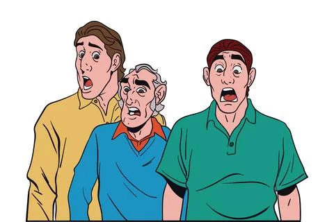 Three shocked middle-aged men gasping in amazement comic-style hand-drawn v.. 스톡 일러스트