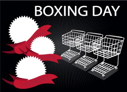 Three Shopping Carts and Three Round Label on Boxing Day Background with Copy Stock Illustration