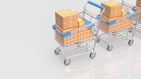 Three Shopping Carts Filled with Packages on a White Background 3d render.. Stock Illustration