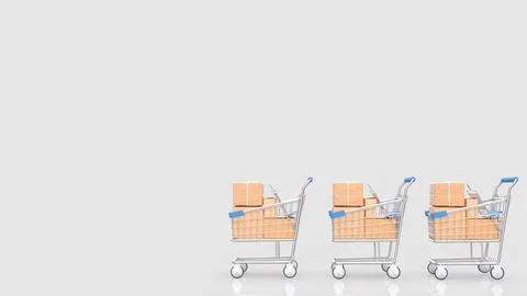 Three Shopping Carts Filled with Packages on a White Background 3d render.. Stock Illustration