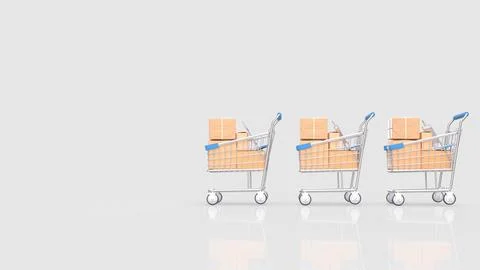 Three Shopping Carts Filled with Packages on a White Background 3d render.. Stock Illustration
