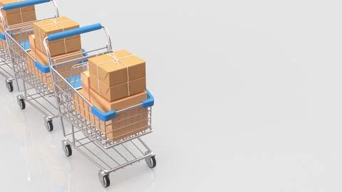 Three Shopping Carts Filled with Packages on a White Background 3d render.. Stock Illustration