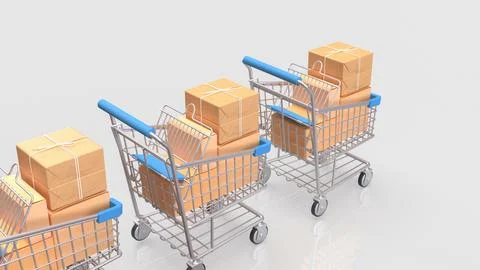 Three Shopping Carts Filled with Packages on a White Background 3d render.. Stock Illustration