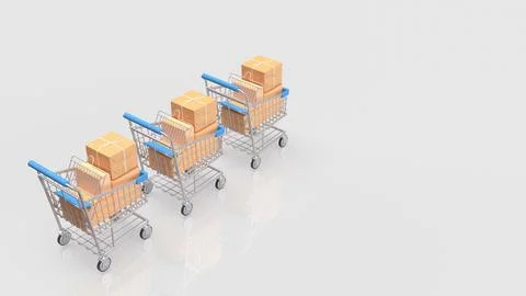 Three Shopping Carts Filled with Packages on a White Background 3d render.. Stock Illustration