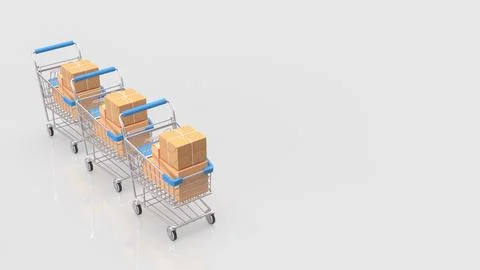 Three Shopping Carts Filled with Packages on a White Background 3d render.. Stock Illustration