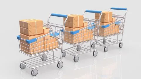 Three Shopping Carts Filled with Packages on a White Background 3d render.. Stock Illustration