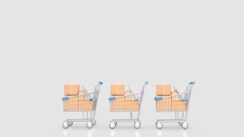 Three Shopping Carts Filled with Packages on a White Background 3d render.. Stock Photos