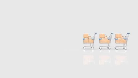 Three Shopping Carts Filled with Packages on a White Background 3d render.. Stock Photos