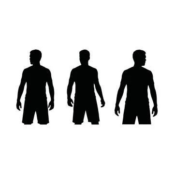 Three Silhouette Figures Standing Side by Side in Casual Athletic Attire Ag.. Stock Illustration