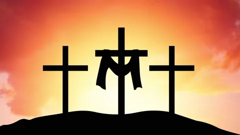 Three silhouettes of crosses at sunrise, with text He is risen 4K Animation Stock Footage 181423596