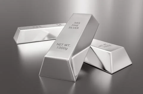 Three silver ingots or bars over silver metallic background - precious metal  Stock Illustration