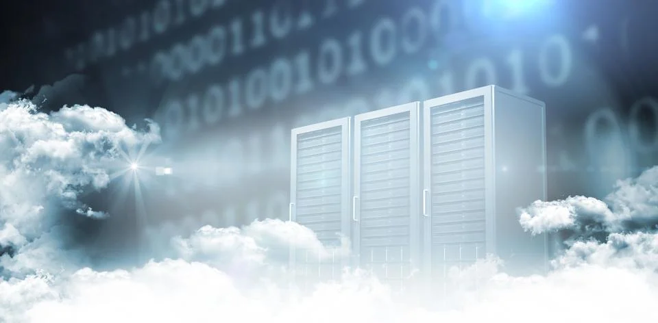 Three silver server cabinets are rising from clouds using flat style with binary Stock Illustration