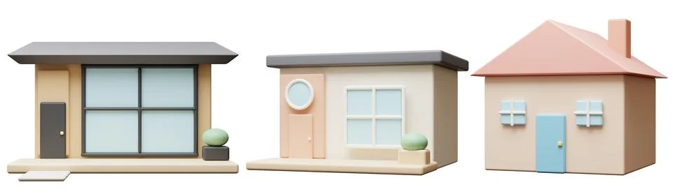 Three simple 3D rendered houses are shown on a clear background. Each house.. 스톡 일러스트