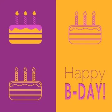Three simple birthday cakes, text 'happy b-day' on orange and violet backgrou Stock Illustration