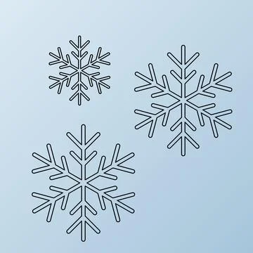 Three simple black outline snowflake shapes on a light blue background for .. Stock Illustration