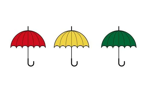 Three simple classic umbrellas of red, yellow and green colours on white back Stock Illustration