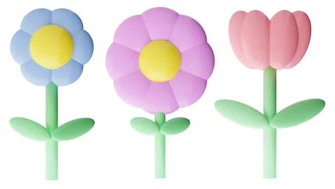 Three simple flowers are presented in a 3D render on a clear background. Each 스톡 일러스트