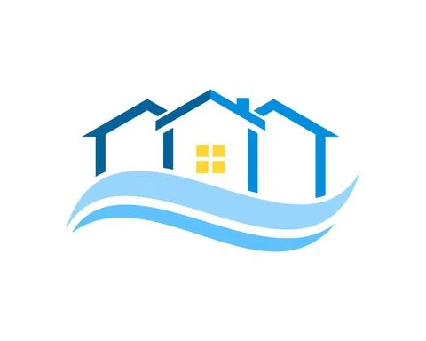 Three simple house with abstract beach wave Stock Illustration