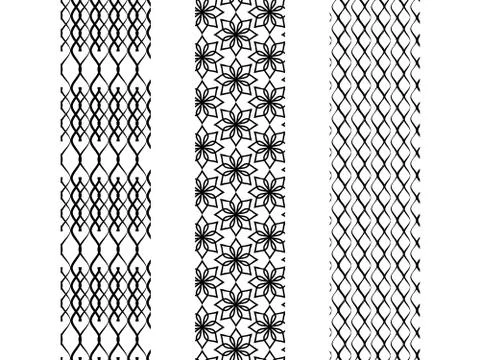 Three simple monochrome seamless patterns with weaving knots, flowers and wav Stock Illustration