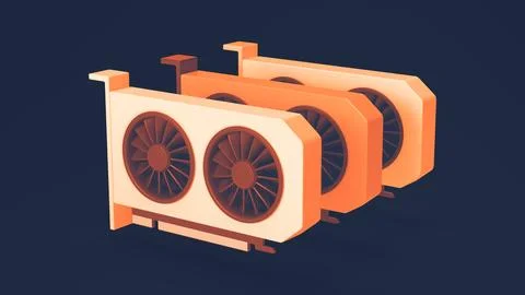 Three Simple Orange Dual Fan Graphics Card GPU on a Dark Blue Background. イラスト素材