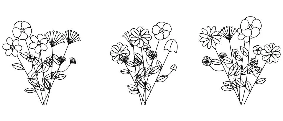 Three simple outline drawings of assorted flowers on white for design element Stock Illustration