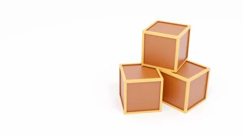 Three simple small brown square crates / boxes stacked isolated on white Stock Photos