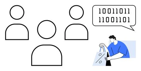 Three simplified human figures, a speech bubble with binary code, and a perso Illustrazione stock