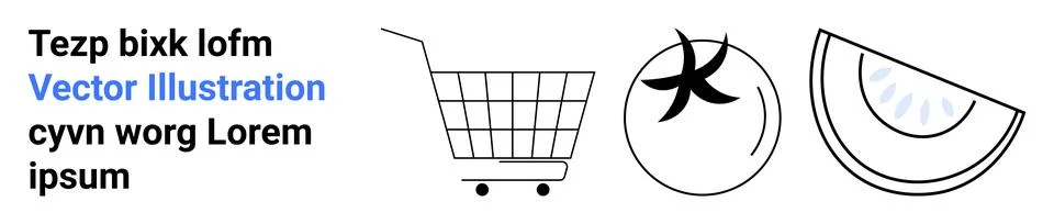 Three simplified vector icons include a shopping cart, a tomato, and a slice  스톡 일러스트