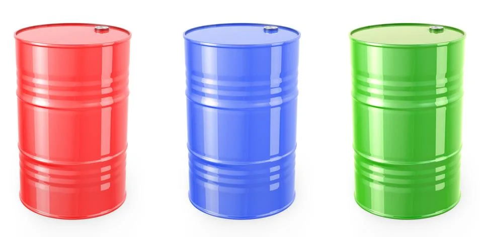Three single red barrels, red, green and blue Stock Illustration
