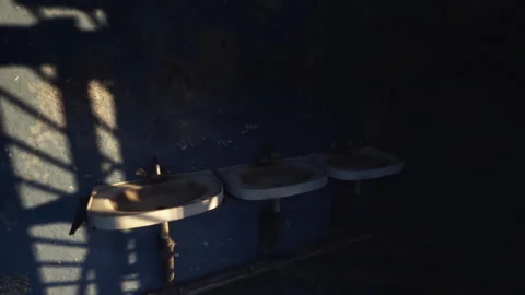 Three sinks casting shadows in a dimly lit room with blue walls Stock Footage 310501066