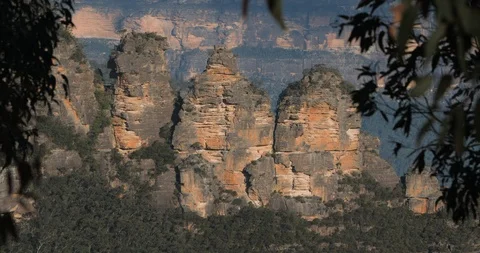 The Three Sister Mountains Closeup Perspective Through Gumtrees, Blue Mountains  Stock Footage 97715326